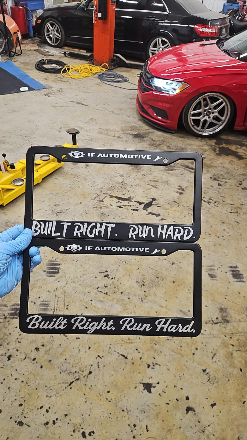 Custom engraved IF Automotive license plate frames