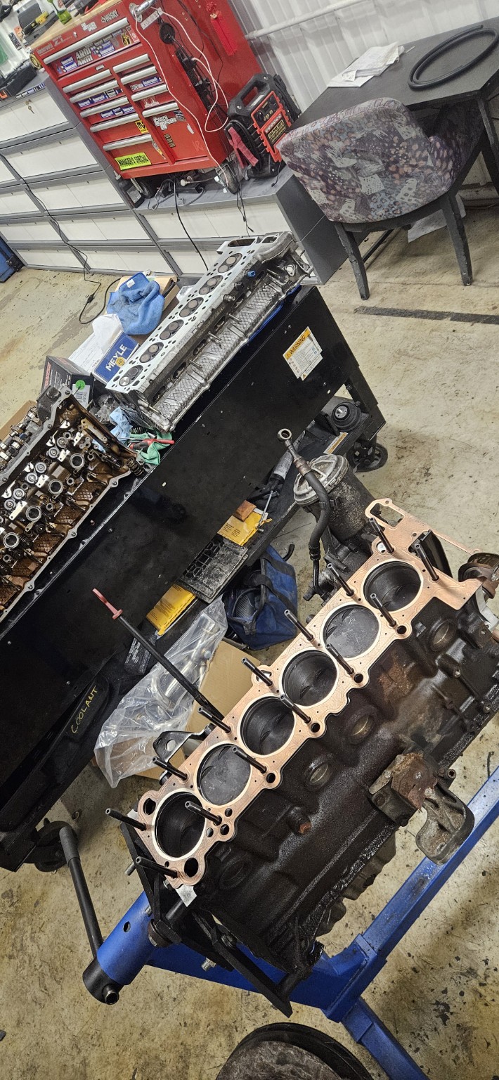Engine rebuild in progress inside the shop