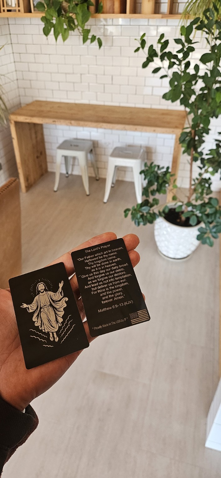 Front and back of custom engraved prayer cards
