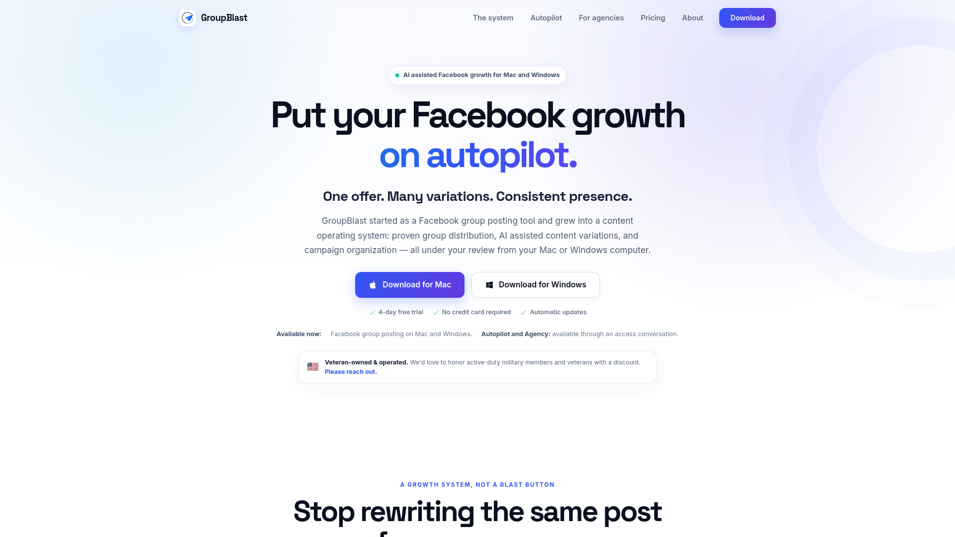 GroupBlast product website showing its social publishing system